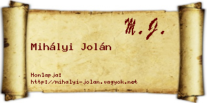 Mihályi Jolán névjegykártya